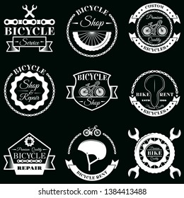 Bicycle service badge label logo set. Vector monochrome illustration in retro style. Bicycle rent, shop and repair typography.