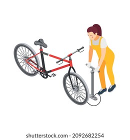Bicycle service isometric composition with view of female repairman blowing up tube vector illustration
