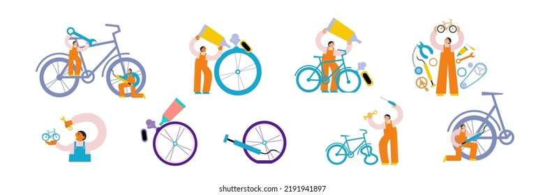 Bicycle service workers fix bicycle and bike details set. Repair of cycle chain pedal chain rings, flat tire. Vector flat illustration