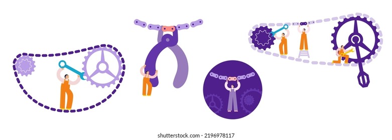 Bicycle service workers fix bicycle and bike details set. Repair of cycle chain pedal chain rings. Team work and complex tasks solving. Vector flat illustration