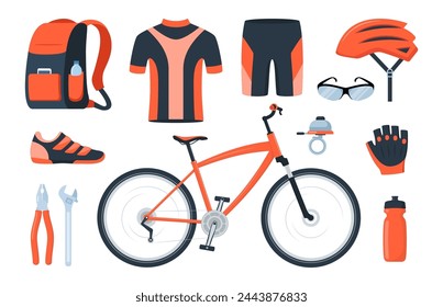 Bicycle set. Bike equipment. Cyclist gear, sportswear for biker, track accessories for extreme sport training isolated on white. Vector illustration