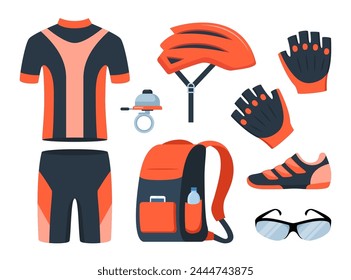 Bicycle set. Bike equipment. Cyclist gear, sportswear for biker, track accessories for extreme sport training isolated on white. Vector illustration