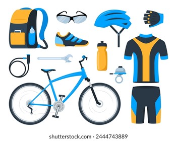 Bicycle set. Bike equipment. Cyclist gear, sportswear for biker, track accessories for extreme sport training isolated on white. Vector illustration