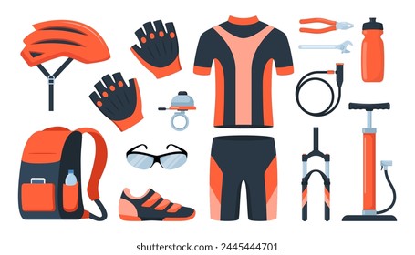 Bicycle set. Bike equipment. Cyclist gear, sportswear for biker, track accessories for extreme sport training isolated on white. Vector illustration