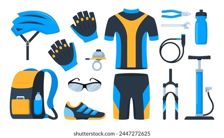 Bicycle set. Bike equipment. Cyclist gear, sportswear for biker, track accessories for extreme sport training isolated on white. Vector illustration