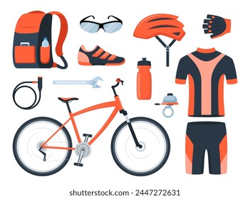 Bicycle set. Bike equipment. Cyclist gear, sportswear for biker, track accessories for extreme sport training isolated on white. Vector illustration