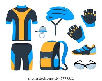 Bicycle set. Bike equipment. Cyclist gear, sportswear for biker, track accessories for extreme sport training isolated on white. Vector illustration