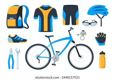 Bicycle set. Bike equipment. Cyclist gear, sportswear for biker, track accessories for extreme sport training isolated on white. Vector illustration