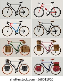 Bicycle set city bicycles travel and touring bicycle illustration