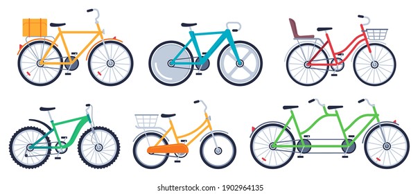 Bicycle of set color flat for adult and kids. Mountain bicycle, transport exercise, vector illustration