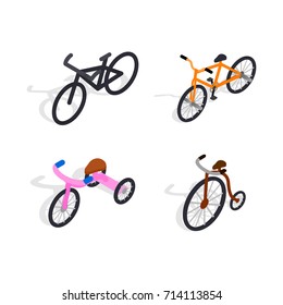 Bicycle Set for family ride in isometric 3d style isolated on white background. Bike for man, woman, boy, girl vector illustration