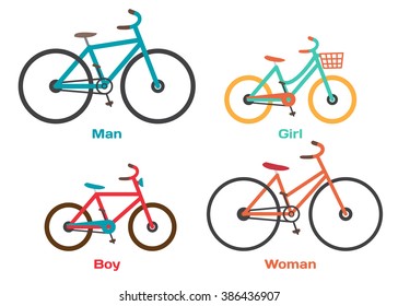 Bicycle Set for family ride  Set riding bikes isolated white background  Bike for man  woman  boy  girl  Vector flat cartoon illustration