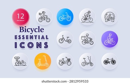 Bicycle set icon. Riding cyclist, urban transport, competitive racer, circular trail, compact vehicle, delivery courier, active commuter, championship trophy, electric scooter, vintage twowheeler.