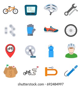 Bicycle, set of icons. Attributes for bike walks. Repair and spare parts