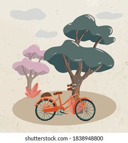 
A bicycle in the shade of the tree. Bicycle illustration.