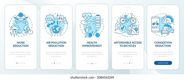 Bicycle share scheme goals onboarding mobile app page screen. Reduce air pollution walkthrough 5 steps graphic instructions with concepts. UI, UX, GUI vector template with linear color illustrations