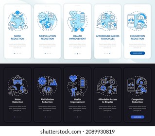 Bicycle share scheme goals onboarding mobile app page screen. Clean air walkthrough 5 steps graphic instructions with concepts. UI, UX, GUI vector template with linear night and day mode illustrations