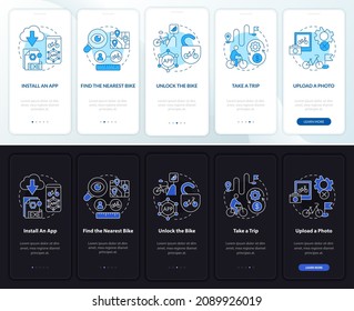 Bicycle share usage onboarding mobile app page screen. Taking trip walkthrough 5 steps graphic instructions with concepts. UI, UX, GUI vector template with linear night and day mode illustrations
