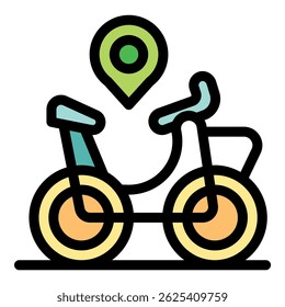 Bicycle sharing location pin shows available bike for rent, promoting eco friendly urban transportation