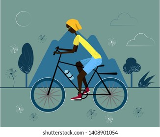 Bicycle sharing service. Rent a scooter. Young fashionable man in a yellow t-shirt and blue shorts riding bicycle in mountain. Flat style vector illustration. Concept.