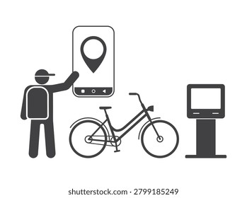 Bicycle sharing system with person renting bike via smartphone mobile app icon near automated rental terminal kiosk on white background