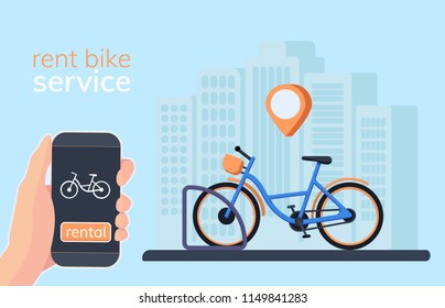 Bicycle sharing system with use smartphone for rent and paid. Smart service for rent bicycles in the city. Mobile app for sharing system.