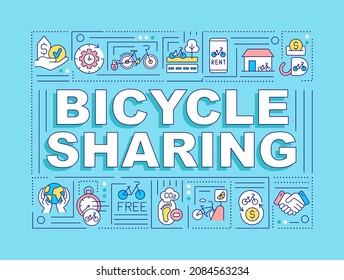 Bicycle sharing word concepts banner. Bike friendly city. Micromobility. Infographics with linear icons on blue background. Isolated creative typography. Vector outline color illustration with text