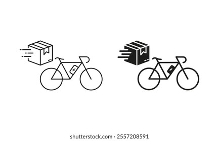 Bicycle Shipping Line and Silhouette Icon Set. Fast Bike Delivery Service Pictogram. Parcel Shipment Symbol. Editable Stroke. Isolated Vector Illustration.