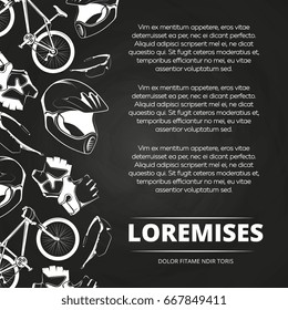 Bicycle shop blackboard poster with bicycle, helmet, glasses, gloves. Vector illustration