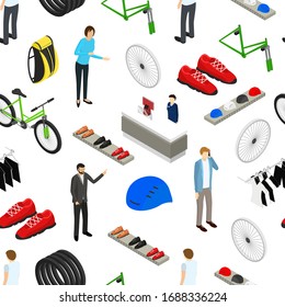 Diseño de la Tienda de Bicicletas Fondo de patrón sin inconvenientes en una vista isométrica blanca que incluye la bicicleta, accesorios, personas, herramientas de fitness y ropa. Ilustración del vector