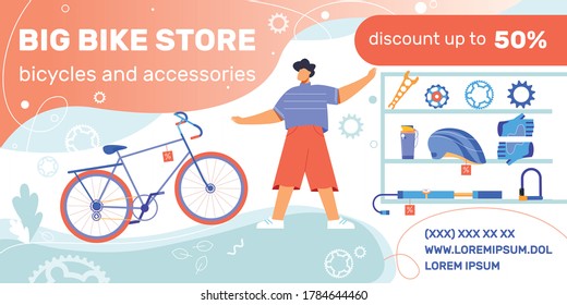 Bicycle shop discount advertising horizontal banner with bike store goods riding equipment gear icons and text vector illustration