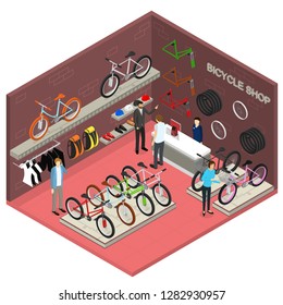 Bicycle Shop Interior with Furniture Isometric View Include of Bike, Accessories, People, Fitness Tools and Clothing. Vector illustration