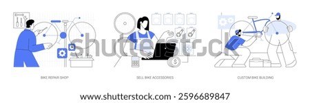 Bicycle shop isolated cartoon vector illustrations set. Bike repair small business, sell cycling accessories, custom bicycle building, fixing vehicle, professional equipment vector cartoon.