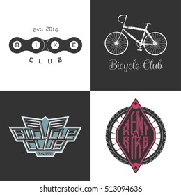 Bicycle shop, rent a bike, bicycle repair set of vector logo, icon, symbol, emblem, sign. Graphic design element, illustration for store, race, competition