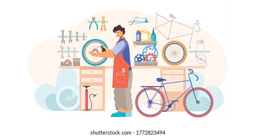 Bicycle shop repair maintenance service flat composition with craftsman holding wheel fixing inner tube vector illustration 