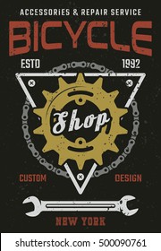 Bicycle Shop And Repair Service Vintage Vector Colored Poster With Rear Sprocket, Bike Chain And Wrench