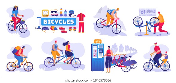 Bicycle Shop Set Of Isolated Vector Illustration. Bikes And Bicycles Store, Repair Shop Service. Cycles Wheels, Accessories, Tools And Cloths. Tandem And Bicycling Machines Station. Wheelman.