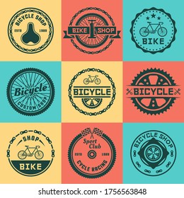 Bicycle shop set of vector colored round labels, badges, emblems and logos in vintage style