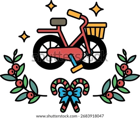 A bicycle is shown with a wreath of leaves and a candy cane. The bicycle is the main focus of the image, but the wreath and candy cane add a festive touch to the scene