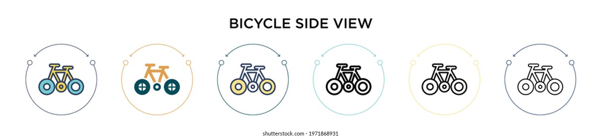 Bicycle side view icon in filled, thin line, outline and stroke style. Vector illustration of two colored and black bicycle side view vector icons designs can be used for mobile, ui, web