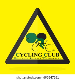 Bicycle sign in black triangular frame and yellow background.Cycling club logo template.