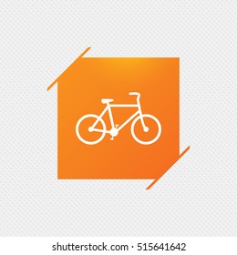 Bicycle sign icon. Orange square label on pattern. Vector