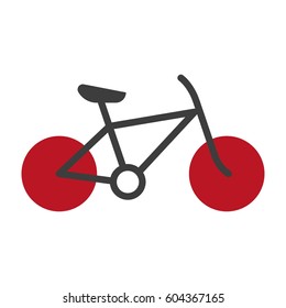 Bicycle silhouette isolated on white vector logo icon. Sign of transportation mean with two red round wheels and black body with chain, with one seat and helm. Illustration of bike kind for 1 person