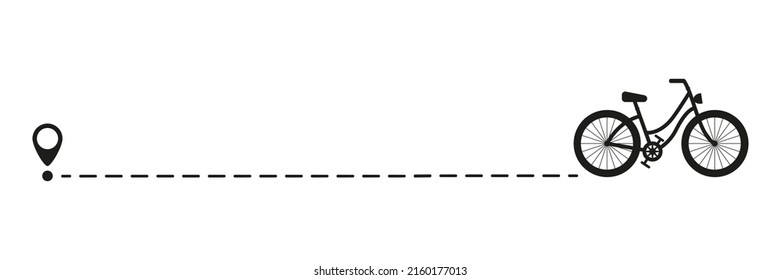 Bicycle silhouette with line start point. Black bike shape driving on dotted route with map pin. Travel concept. Vector illustration isolated on white.