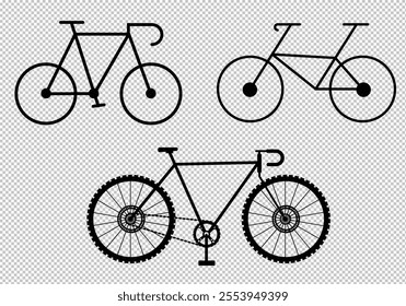 Bicycle Silhouettes and Icons Set on transparent Background,  Editable Vector Graphics Featuring Various Bicycle Styles for Cycling, Fitness, and Outdoor Projects. 