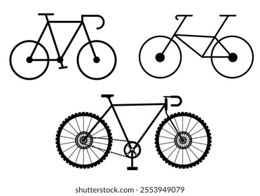 Bicycle Silhouettes and Icons Set with White Background,  Editable Vector Graphics Featuring Various Bicycle Styles for Cycling, Fitness, and Outdoor Projects. 