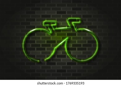 Bicycle simple silhouette glowing neon sign or glass tube. Realistic vector illustration. Black brick wall, soft shadow.
