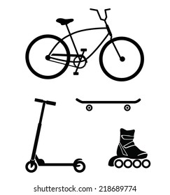 Bicycle, skateboard, roller skate, scooter - wheeled devices for sport and recreation, vector silhouettes isolated on white background