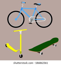 Bicycle, skateboard, scooter. Vector