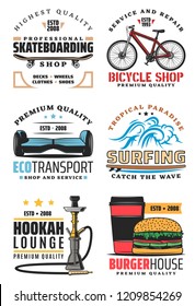 Bicycle and skateboarding or hoverboard sport and repair shop. Summer surfing sport club, fast food burger house cafe and hookah lounge bar, eco transport vector icons